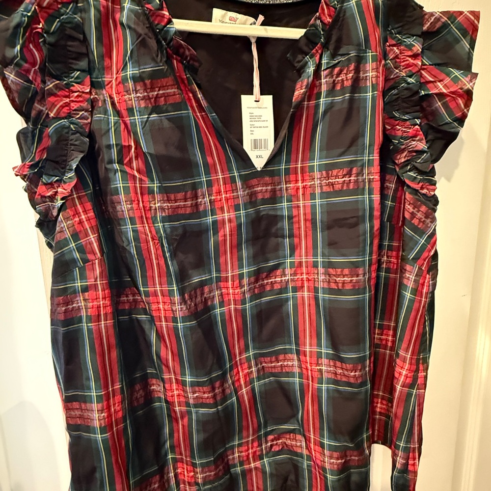NWT Vineyard Vines Apres Tartan Ruffle Sleeve Top - XXL